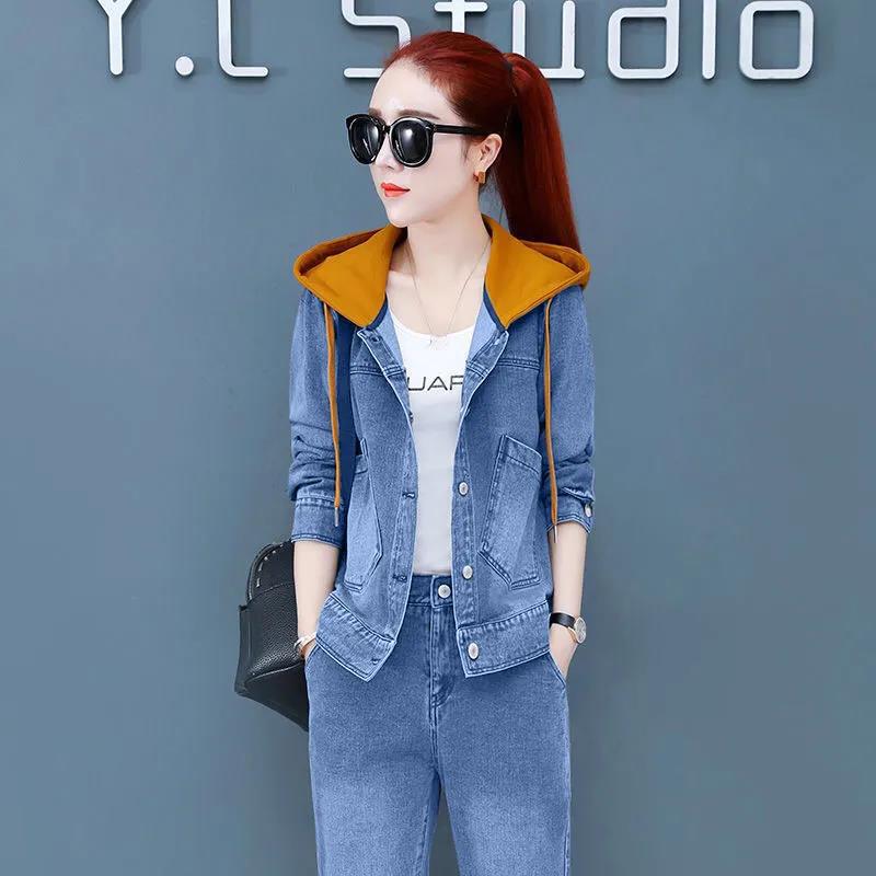 Casual Denim Suit Slimming Denim Hooded Jacket Long-sleeved Jacket + Jeans Two-piece Warm and Comfortable Ladies Casual Suit