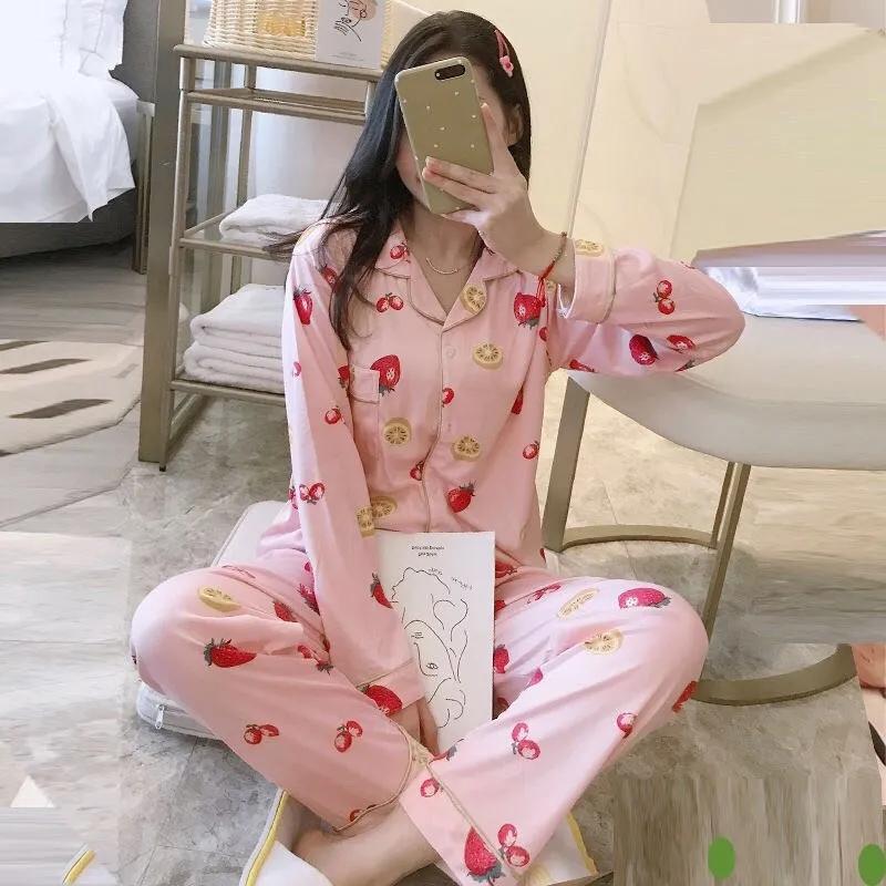 Women's Long Sleeves Pajamas Set Cute Cartoon Printing Loose Lapel Pyjamas Large Size Cardigan Home Wear Set Casual Sleeping Suit