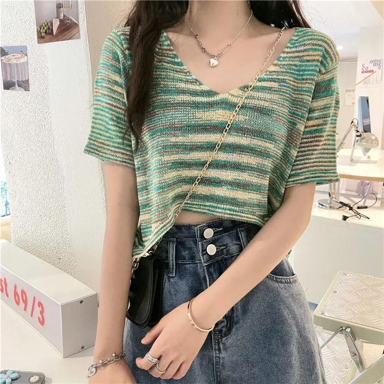 Women's Knitwear Summer Thin V-neck Hollow Out Short-Sleeve Shirt Temperament Short Loose Casual Striped Pullover Top Female Knitted Pullovers Top Tee