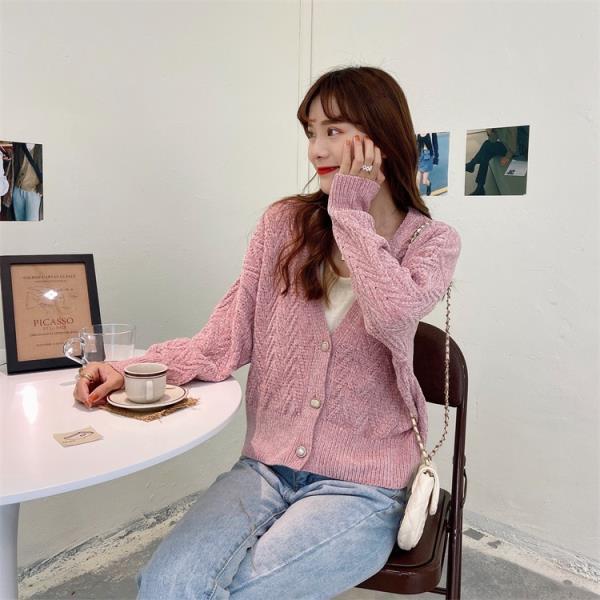 Autumn and Winter V-neck Knitted Sweater Cardigan Loose Short Top Long Sleeve Casual Women's Jacket