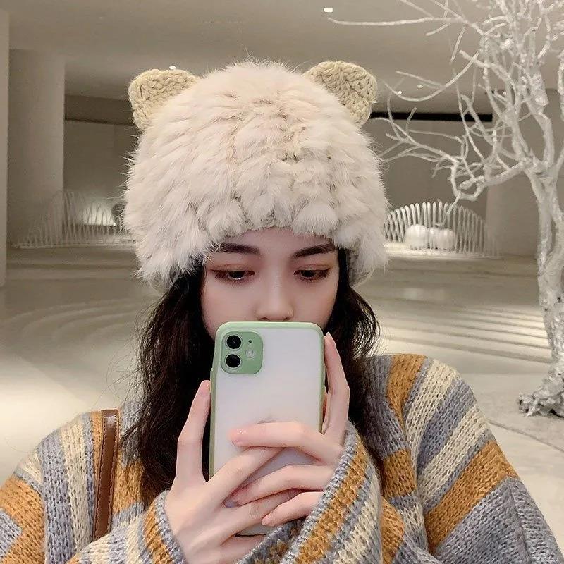 Women's Autumn Winter Fur Hats Korean Style All Match Sweet Cat Ears Woolen Caps Cute Rabbit Fur Warm Ear Caps Rabbit Fur Blended Knitted Hat