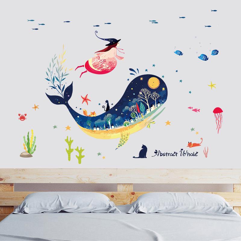 Abstract whale cartoon wall stickers animal removable self-adhesive wallpaper