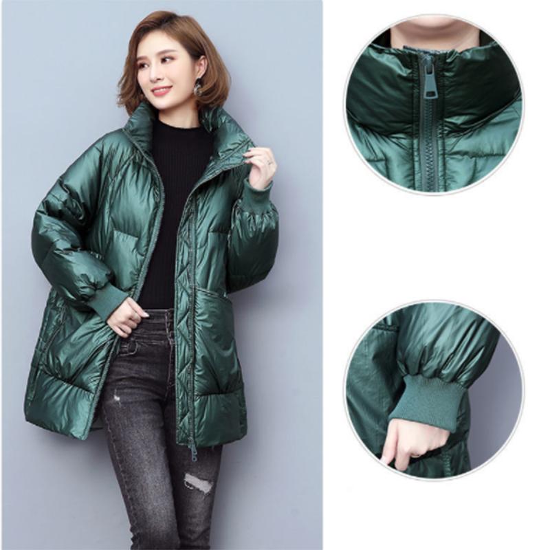 Women's Shiny Mid-length Down Jacket Winter Korean Style Loose Coat Warm Stand-collar Down Jacket