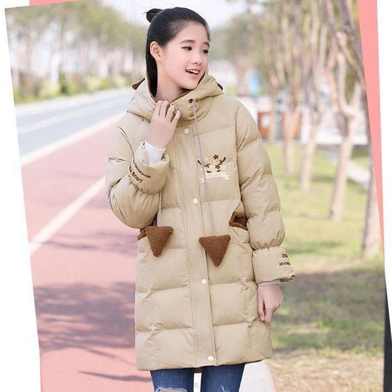 Girls' Cotton Jacket Mid-length Korean Thick Winter Hooded Padded Jacket Windproof and Warm Top