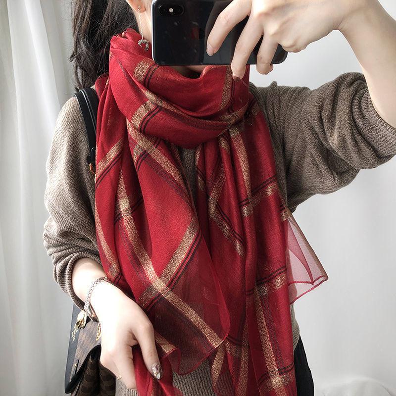 Women's Autumn and Winter Silk Scarf Korean Style All Match Mulberry Silk Shawl Thin Silk Plaid Scarf Long Dual-use Gauze Scarf Sweet Neckerchief