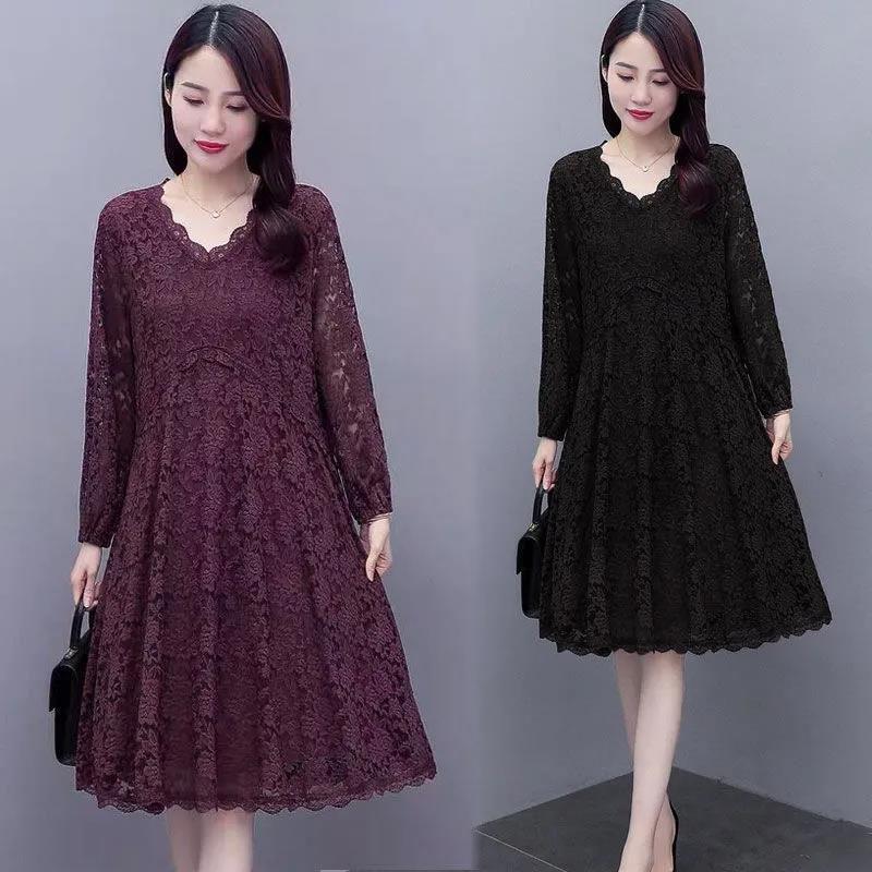 Women Solid Color Lace Long Sleeve V-neck Dress Spring and Autumn Large Size Loose Knee-length Size M-XXXXXL