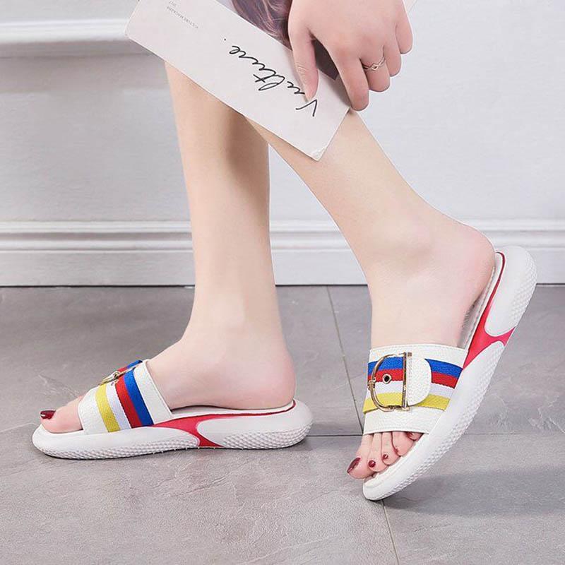 Plus Size 35-40 Summer Women PU Slippers Outdoor Flat Bohemian Beach Wear-resistant Non-slip Office Lady Stripe Sports Sandals