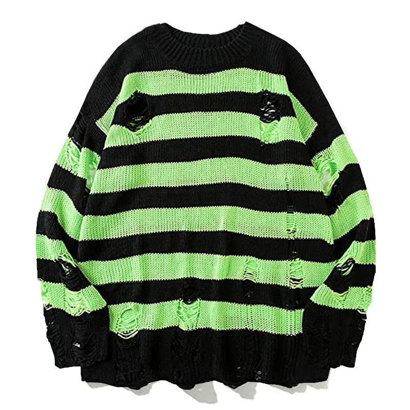 Couple Sweater Loose Lazy Trend Knit Bottoming Hole Men's Sweater Gothic Emo Punk Grunge Ripped Striped Sweater