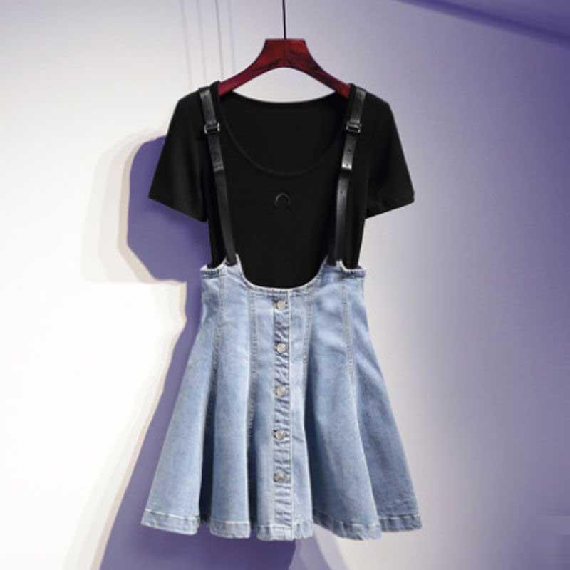 Women Black Pullover Round Neck T-shirt+strap Denim Dress 2pcs Denim Skirt T-shirt Suit