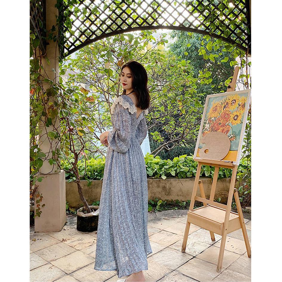 2020 Spring Women Dress for Ladies Long Sleeve Vintage Chiffon Shirt Dress Casual Floral Long Dress