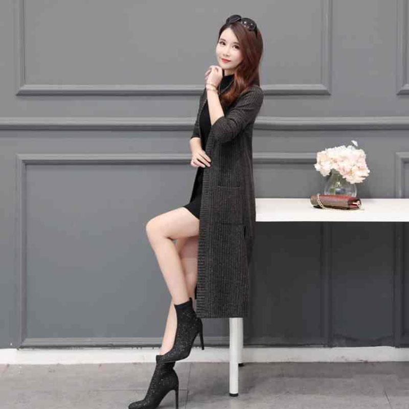 Autumn and Winter Knitted Cardigan Jacket Mid-length Thick Long-sleeved Sweater Pure Color Simple Female Jacket