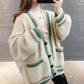 Autumn and Winter Knitted Casual Jacket Fashion Simple Cardigan Sweater Loose Green Striped Female Top