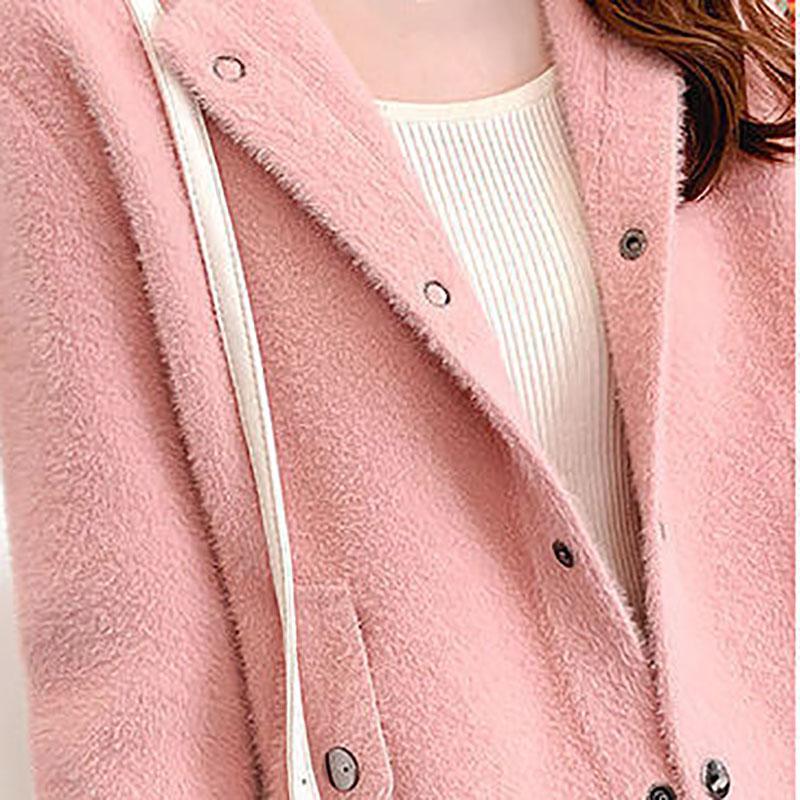 Autumn and Winter Stitching Color Letters Loose Button Short Jacket Thick Knitted Hooded Cardigan Sweater