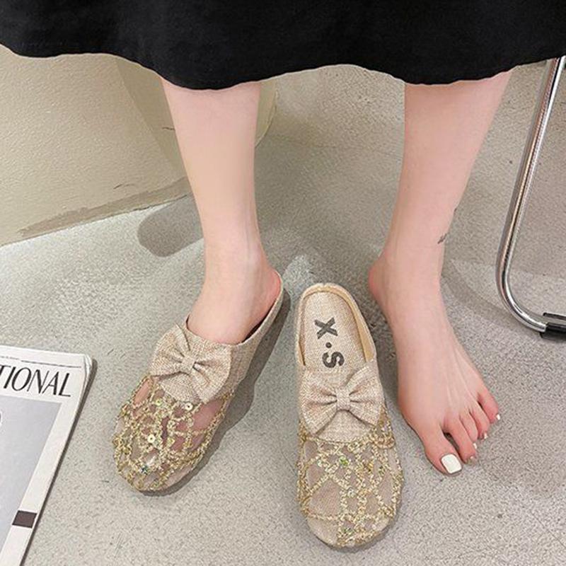 Lace Closed-toe Half Slippers Female Summer Hollow Linen Woven Loafers Lazy Outer Wear Sandals and Slippers