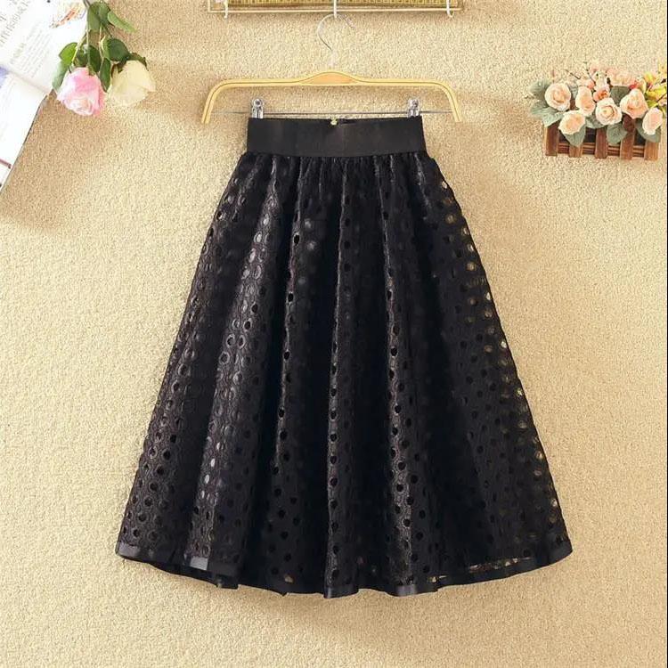 Female High Waiste A-line Versatile Pompous Skirt Circle Cut-out Lace Medium Length Slim Elegant Streetwear Skirt