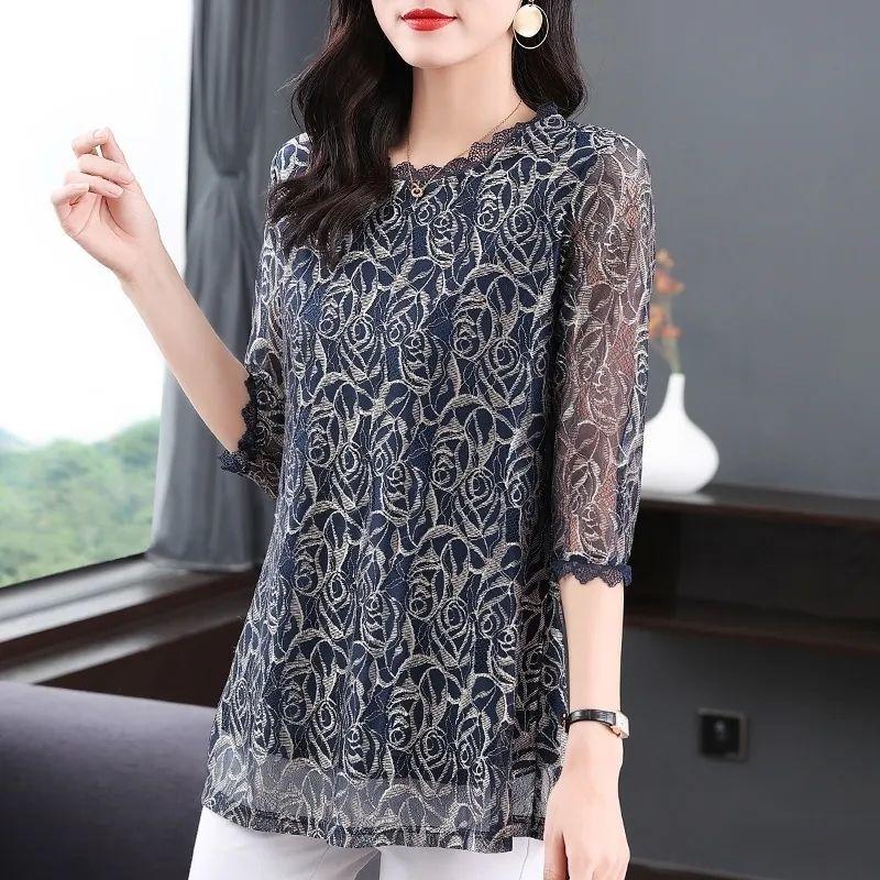 Three-quarter Sleeve Lace Bottoming Shirt Women's Mid-length Mid-sleeve Large Size Hollow Loose Mesh Top