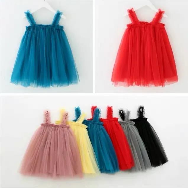 Children Dress Spring Summer Sling Kids Clothing  Baby Girls Clothing Yarn Sleeveless Dress Girl