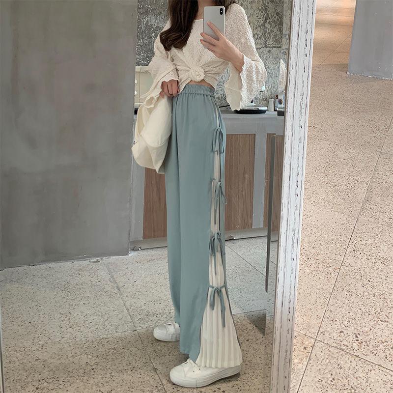 Fat Girl Casual Straight Pants Spring and Autumn Loose and Thin Large Size 200 Kg Casual Straight-leg Pants Pleated Lace-up Wide-leg Pants Women