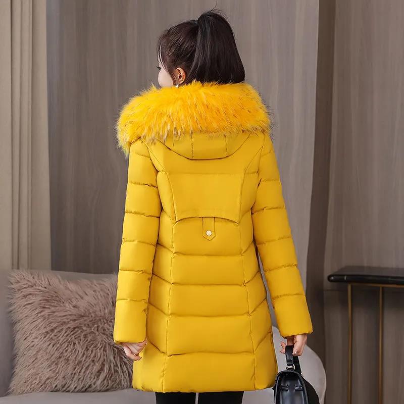 Down Jacket Winter Ladies Fashion Korean Big Fur Collar Thick Warm Hooded Mid-length Plus Size Cotton Jacket