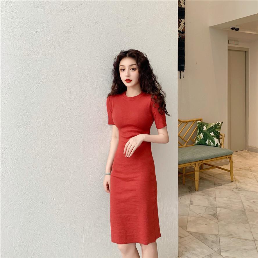 Simple and Elegant Vintage Dress Female Slim and Versatile Medium Long Short Sleeve Buttock A-line Dress