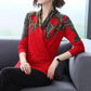 Women Vintage Printed  Woollen Sweater Short Loose Sweater Female V-neck Pullover Jumper Knit Outwear