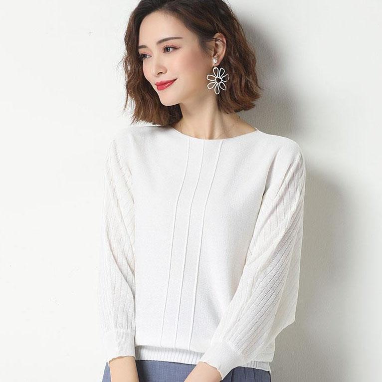 Women's Solid Color Round Neck Loose Versatile Casual Knitted Pullover Spring and Autumn Bat Sleeve Large Size Knitted Tops