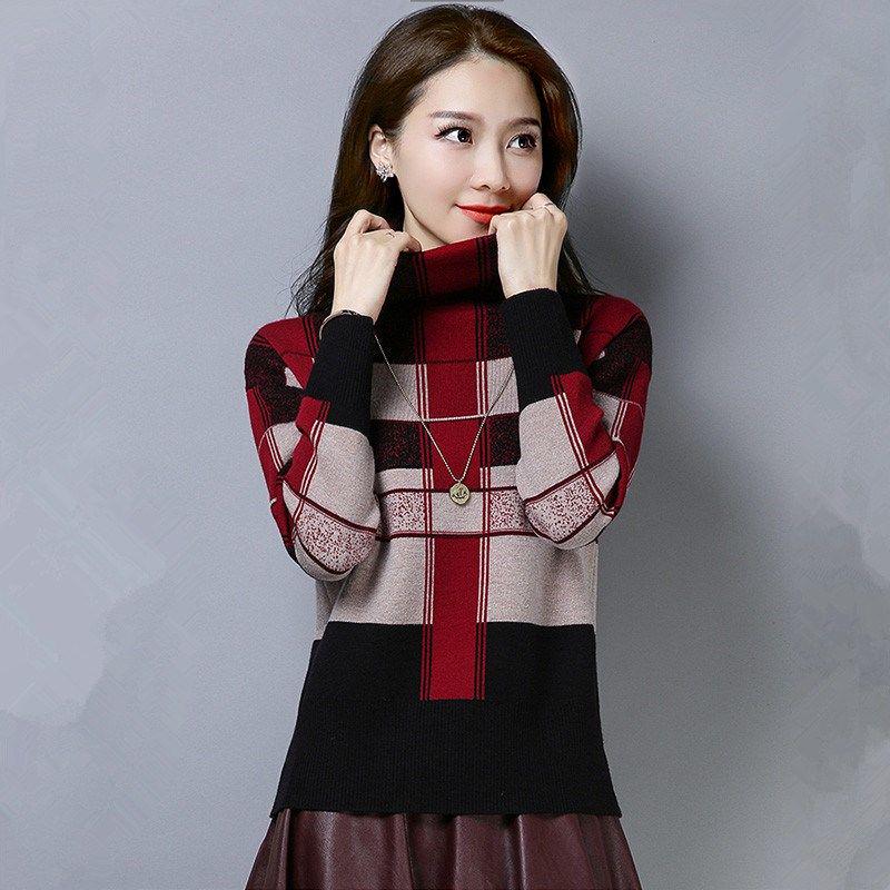 Autumn Winter Plaid Turtleneck Sweater Women Short Thick Pullover Sweater All-match Bottoming Shirt Jumper Top