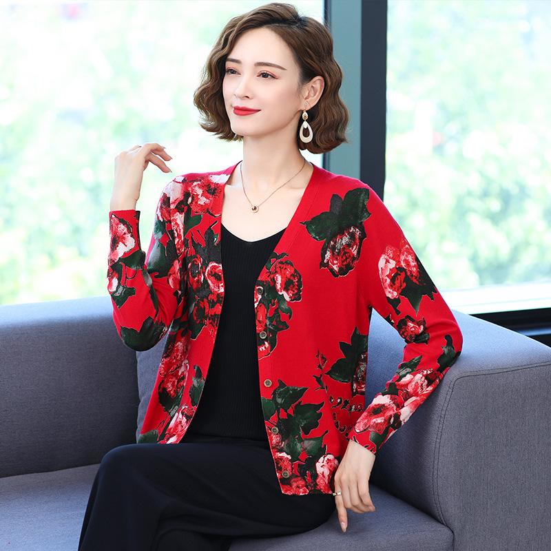 Autumn and Winter Women's Printed Cardigan V-neck Casual Sweater Coat High-end Wool Plus Size Cardigan