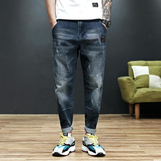 Spring and Autumn Men's Denim Harem Pants Fashion Cropped Pants Loose Large Size Stretch Casual Wear