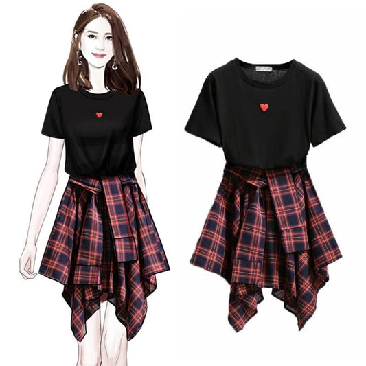 Women Summer Casual Suit Skirt Female Vintage Short Sleeve T-shirt Two High Waist Irregular Lattice Skirt Set