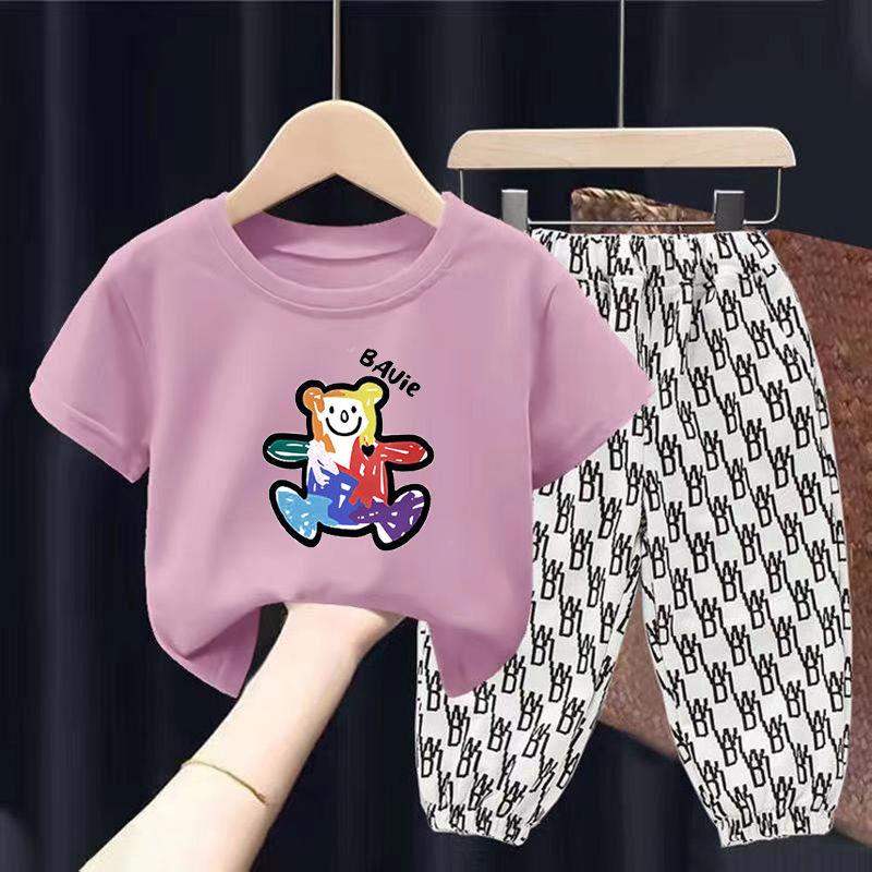 Summer Children's Short-sleeved Suit Boys T-shirts Girls Middle and Small Children Baby Cartoon Two-piece Graffiti Bear