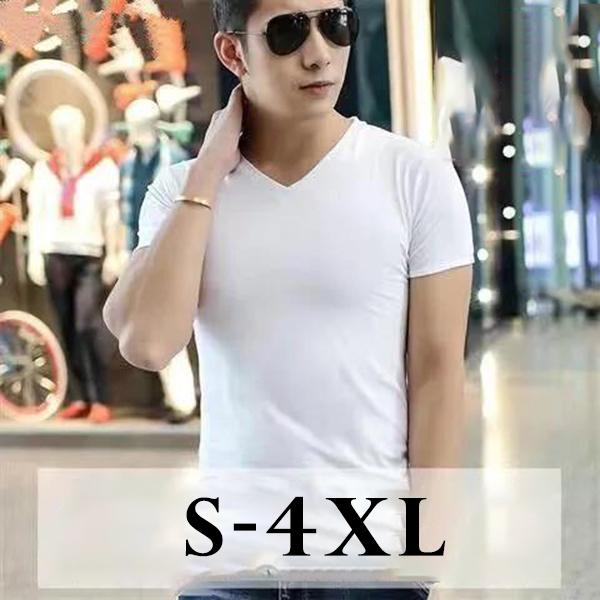 Summer Solid Color Men's Short-sleeved T-shirt V-neck Half-sleeved Top White Men's Bottoming Shirt Slim T-shirt Trend