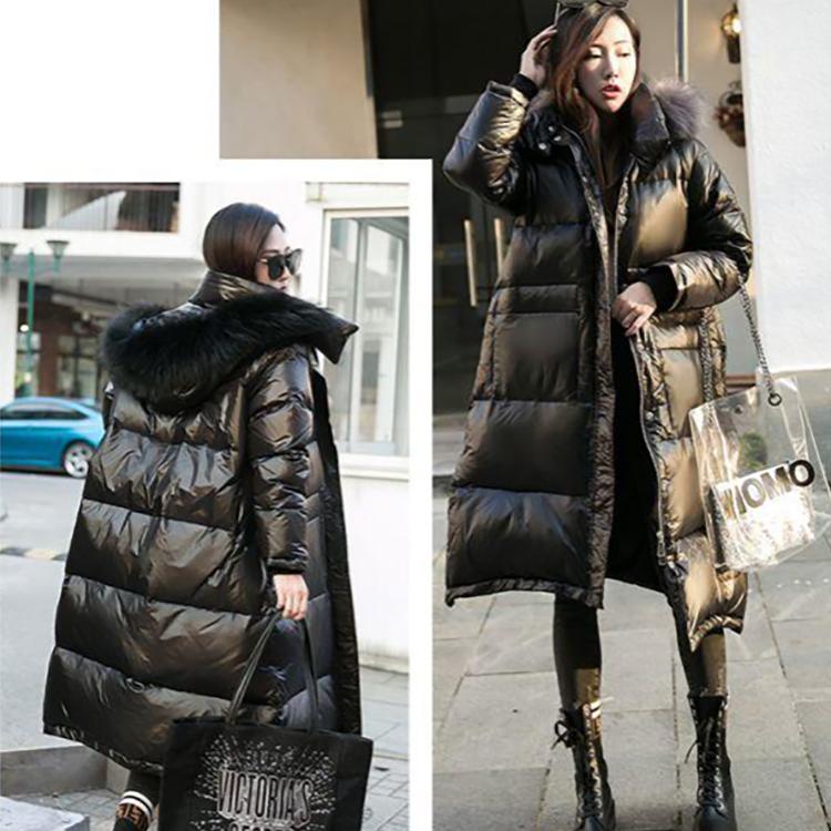 Down Jacket Women Winter Bright Face Loose White Duck Down Large Fur Collar Mid-length Warm Jacket