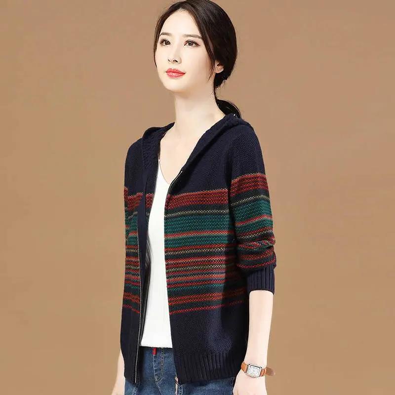 Women's Striped Hooded Knitted Cardigan Autumn Long Sleeve Zipper Cardigan Large Size Loose Short Sweater Coat