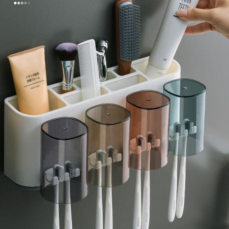 Toothpaste Dispenser Wall Mount Dust-proof Toothbrush Holder Wall Mount Storage Rack Bathroom Accessories Set Squeezer