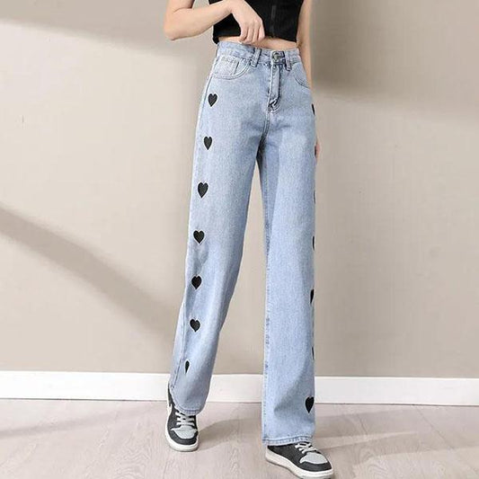 Women's Large Size Printed Long Jeans Female Casual Wide Leg High Waist Pants Loose Versatile Street Style Straight Pants