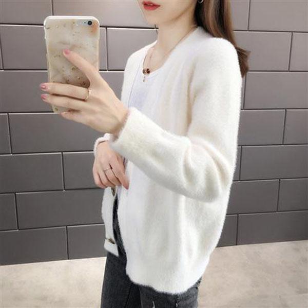 Autumn and Winter Mohair Knitted Jacket Cardigan Simple Casual Sweater Loose Long-sleeved Women's Top