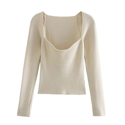 Women Knit Sweater Top Long Sleeve Heart-neck Casual Fashion Woman Slim-fit Tight Knitted Sweaters Pullover Tops