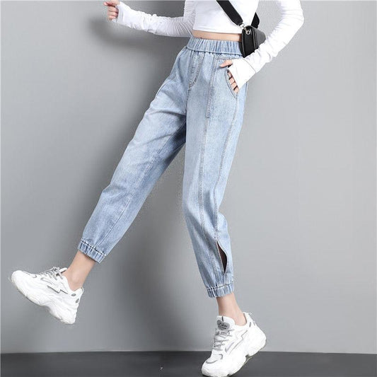 WTEMPO Women's Jeans Loose Elastic Waist Side Split Wide Leg Straight  Denim Big Pocket Trousers