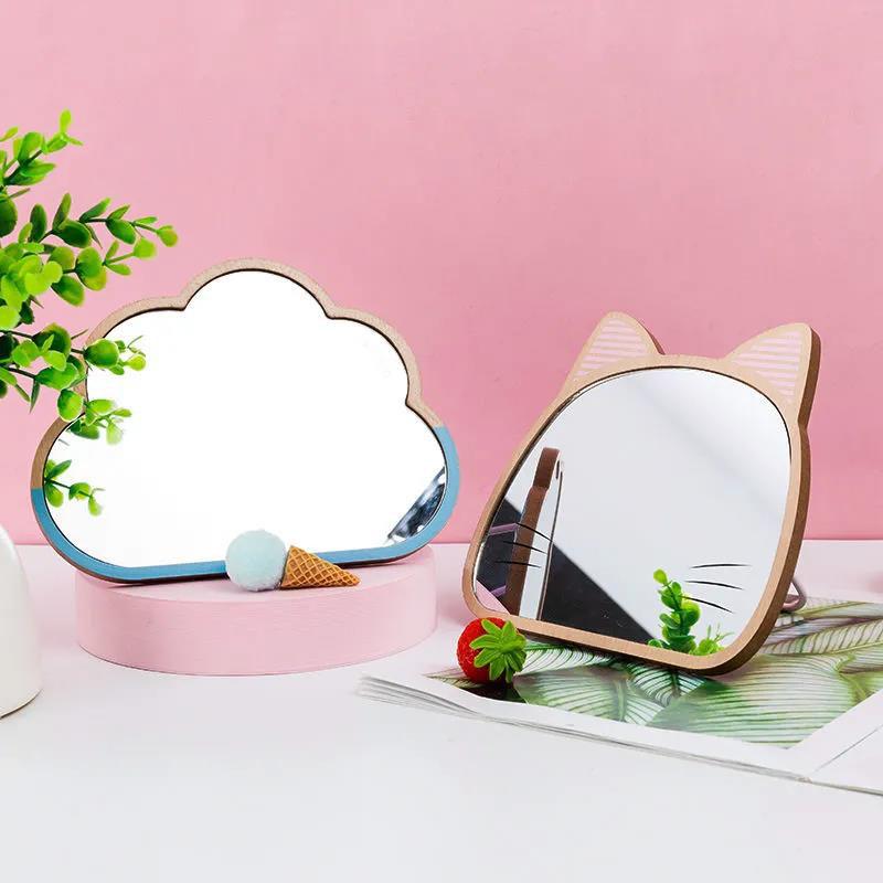 Women Cartoon Wooden Mirror Desktop Portable HD Thin Light Travel Out Household Essentials Single-sided Makeup Mirror