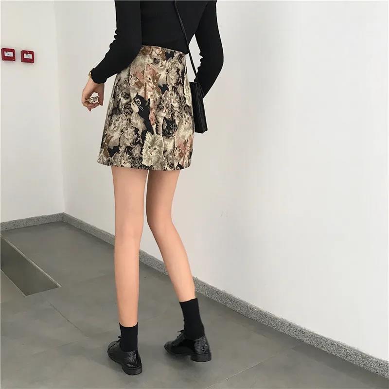 A-line Skirt Embroidered Cat Print Skirt Autumn and Winter Age Reduction Women's Bag Hip Skirt High Waist Skirt Female Student