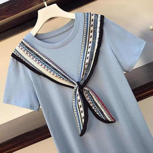 Women Summer Large Size Mid-length Dress Vintage Loose Short Sleeve Solid Color Casual A-line Dress