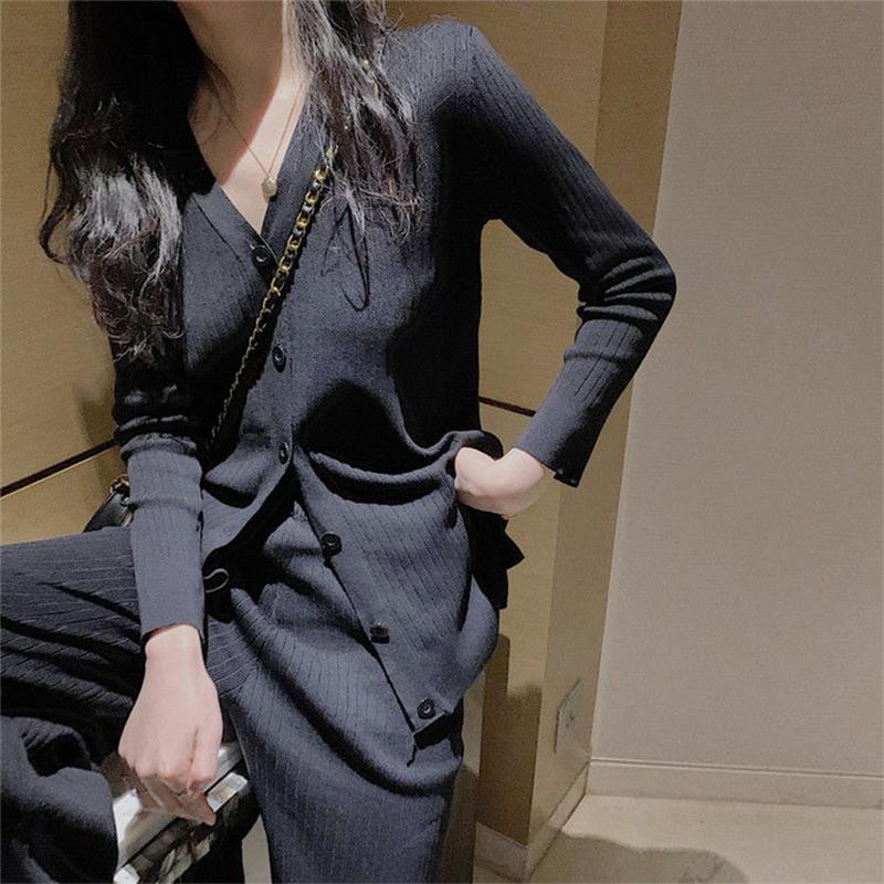 2021 Spring and Autumn Knitted Suit V-neck Cardigan Jacket + Casual Straight Wide Leg Pants Two-piece Female