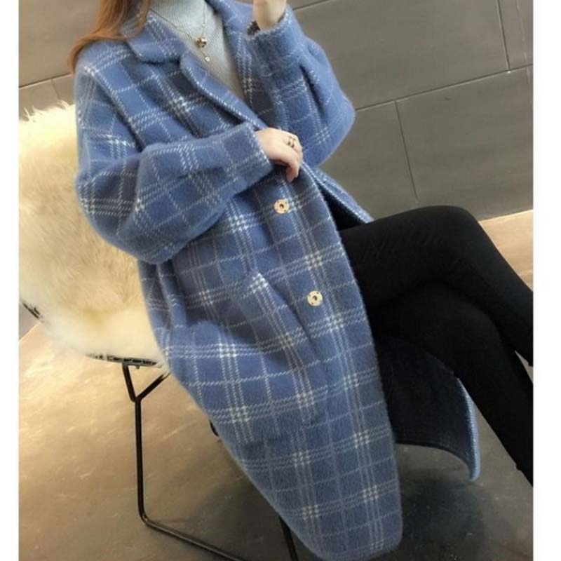 Spring and Autumn Mid-length Plaid Imitation Mink Velvet Coat Women Loose Thick Knit Sweater Coat Women