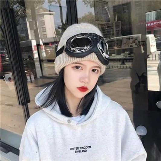 Winter Women's Fashion Aviator Glasses Ski Hat Warm Knitted Hooded Hat Casual Thick Woolen Hat