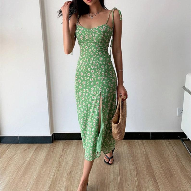 Floral Print Strap Slit Midi Dress In Green, Pink, Black Korean Fashion Women Daisy Summer Casual Sleeveless Vacation Holiday Retro Beach