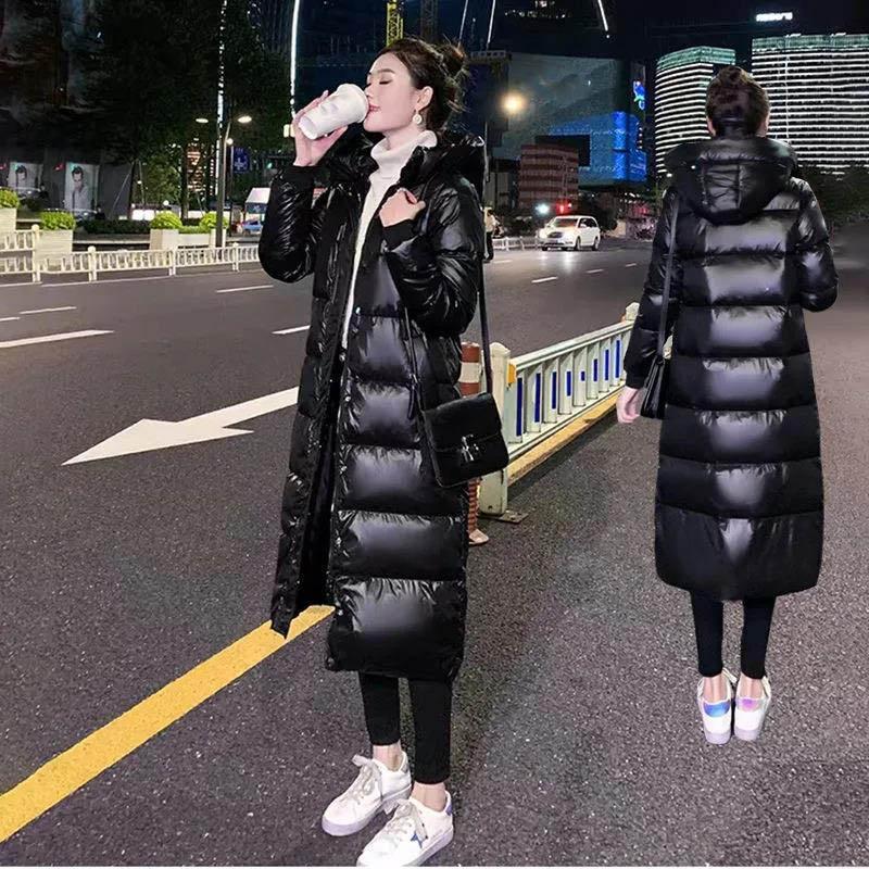 Down Jacket Women's Mid-length Winter Slimming Shiny Thick Black Long Section Over The Knee