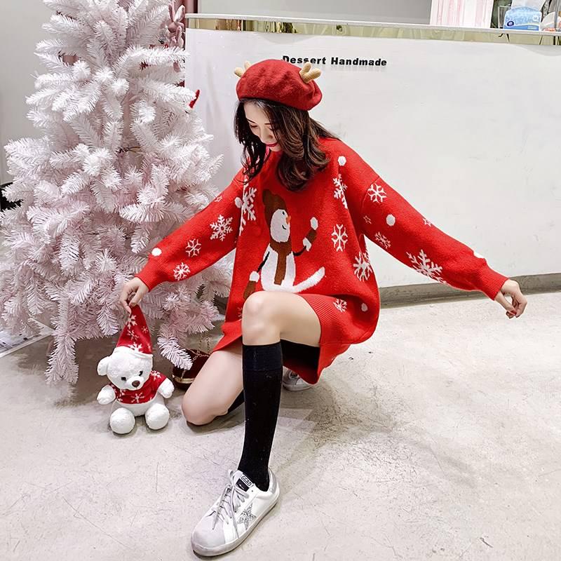 Pofulove Christmas Sweater Women's Mid-length Thick Loose Pullover Autumn Winter Snowman Sweater