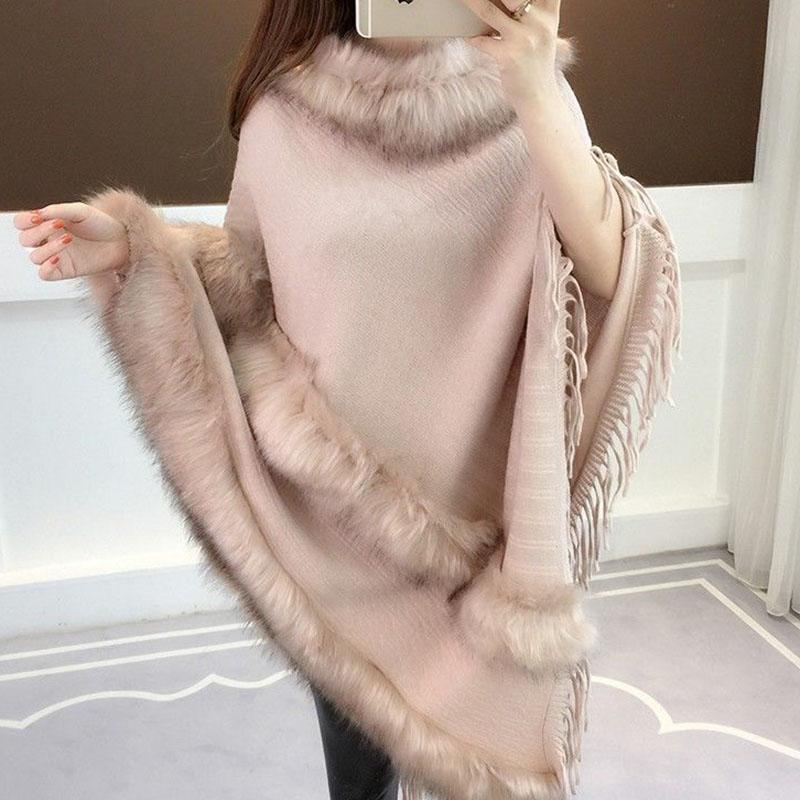 Autumn and Winter Imitation Fox Fur Cloak Shawl Bat Shirt Female Fur Collar Coat Plus Size Tassel Mid-length Sweater Coat