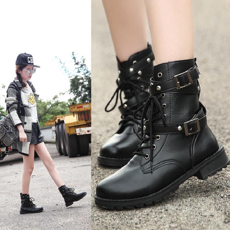 Women High Boots Gothic Shoes Ankle Boots Female Genuine Leather Military Boots Buckle Women Boots